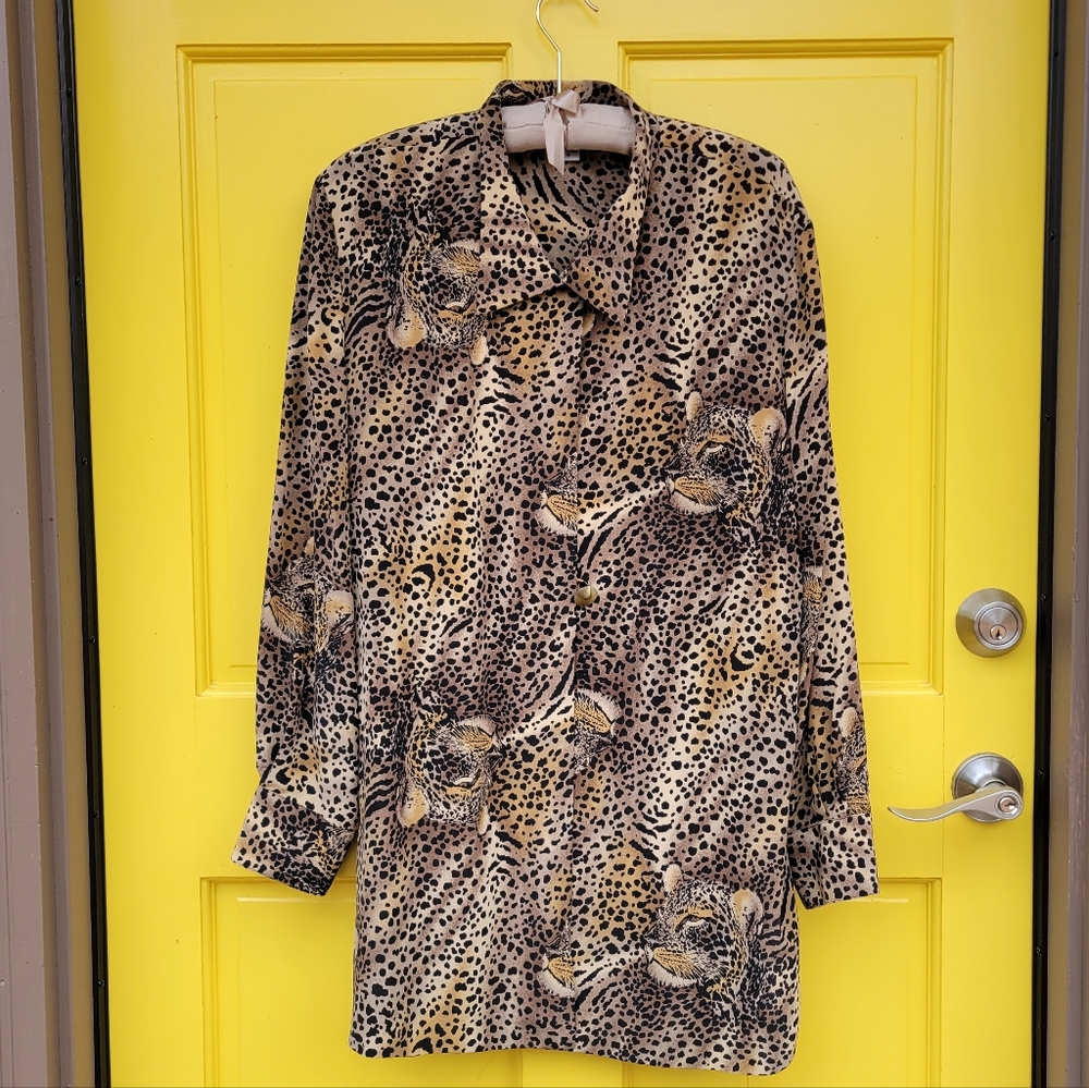 Vintage Misho Silk Leopard Big Cat Tunic Blouse Size 10 Safari Glam